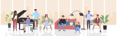 İnsanlar toplantı sırasında tartışıyor karışık yarış erkekleri dijital cihazlar kullanıyor iletişim gevşeme konsepti modern oturma odası iç mekan tam boy