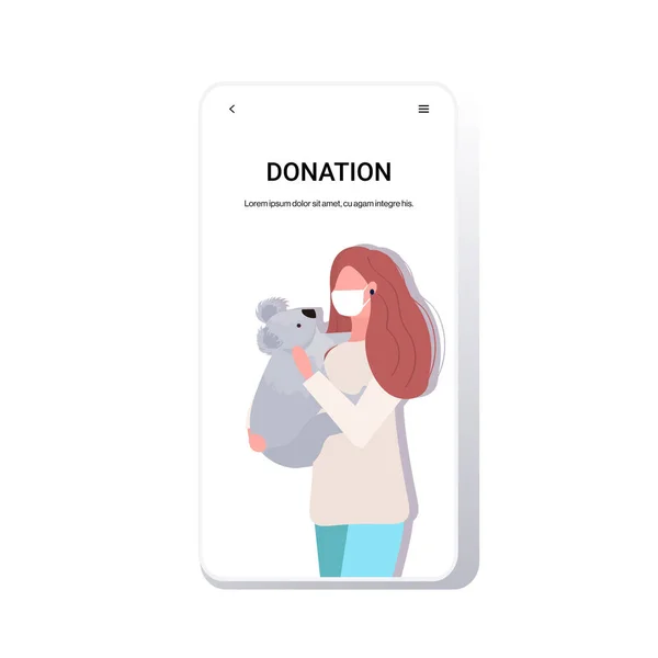 Woman in mask holding koala bear forest fires animals dying in wildfire bushfire natural disaster pray for Australia donation concept intense orange flames smartphone screen obile app — Stock Vector