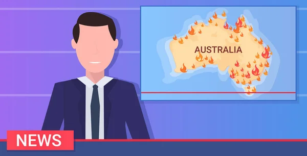 Breaking news reporter journalist live broadcasting australian bushfires wildfires global warming natural disaster pray for Australia concept map with orange flames portrait flat horizontal — 스톡 벡터