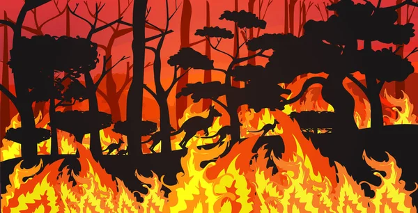 Silhouettes de kangourous fuyant les feux de forêt en Australie animaux mourant dans un feu de brousse arbres brûlant concept de catastrophe naturelle flammes orange intense horizontal — Image vectorielle