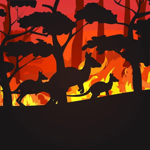 Silhuetas de cangurus que correm de incêndios florestais na Austrália animais que morrem em incêndios florestais árvores ardentes conceito de desastre natural chamas alaranjadas intensas — Vetor de Stock