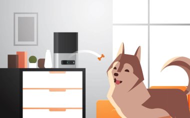 Otomatik dijital evcil hayvan kuru gıda deposu köpek ai yemek yiyici konsepti için kemik atıyor akıllı hayvan modern oturma odasını yatay olarak besliyor