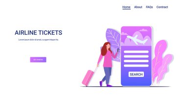 Bavullu kadın gezgin cep telefonu uygulaması kullanarak online uçak biletleri alıyor veya arıyor dünya çapında seyahat havayolu turizmi konsepti tam boy akıllı telefon ekranı yatay