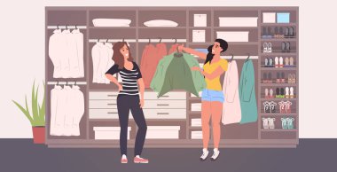Moda tasarımcısı, farklı şık ayakkabılar ve kıyafetlerle soyunma odasında kıyafet seçen bir kadına yardım ediyor. Modern giyinme odası, iç mekan, tam boy.