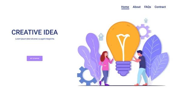 Business people brainstorming holding bright bulb successful teamwork creative big idea business inspiration concept man woman coworkers couple with light lamp horizontal copy space full length — Archivo Imágenes Vectoriales