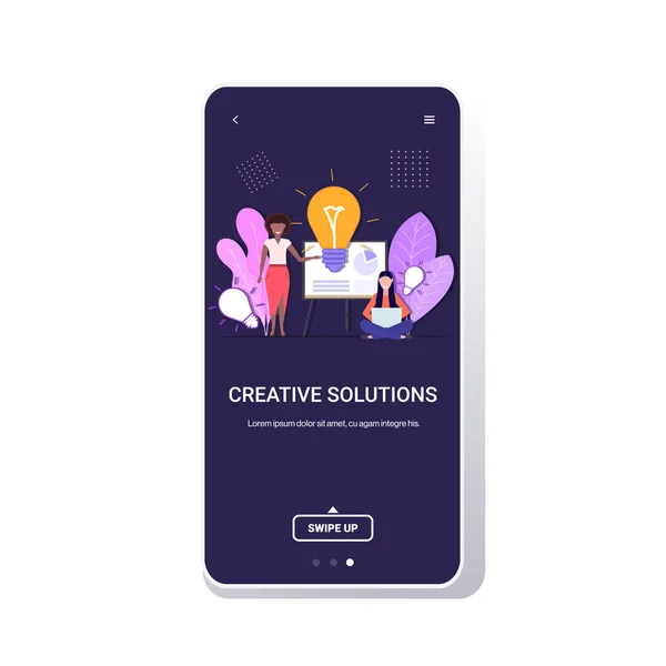 Businesspeople presenting new business project on flip chart successful teamwork creative solutions big idea concept mix race women coworkers with light lamp smartphone screen copy space full length — 스톡 벡터