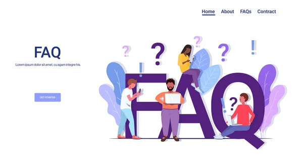 Mix race people group with question exclamation marks using digital devices online support center foire aux questions FAQ concept full length copy space horizontal — Image vectorielle