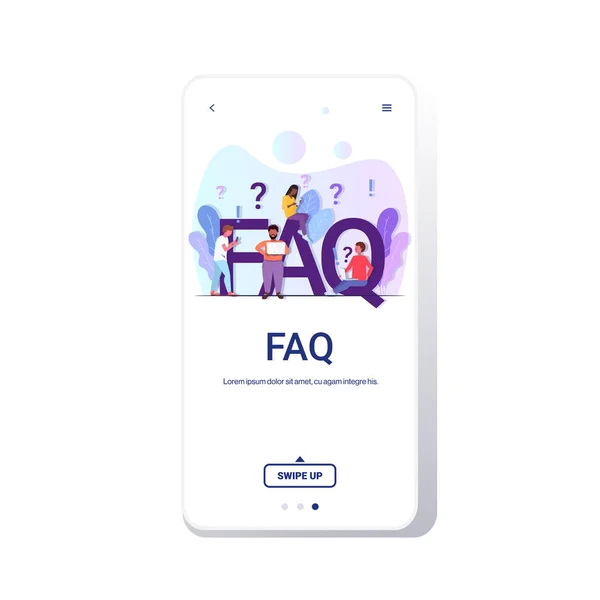 Mix race people group with question exclamation marks using digital devices online support center FAQ concept full length copy space smartphone screen mobile app — Vetor de Stock