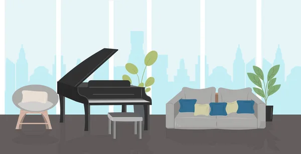 Moderna sala de estar com mobiliário e preto grand piano casa interior horizontal — Vetor de Stock