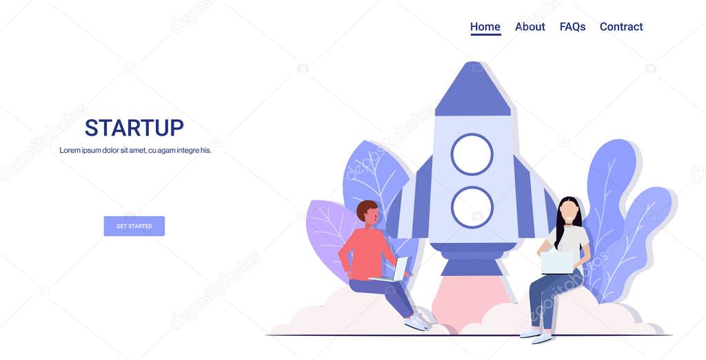 businesspeople brainstorming successful team launching space rocket startup concept man woman coworkers couple using laptops horizontal copy space full length