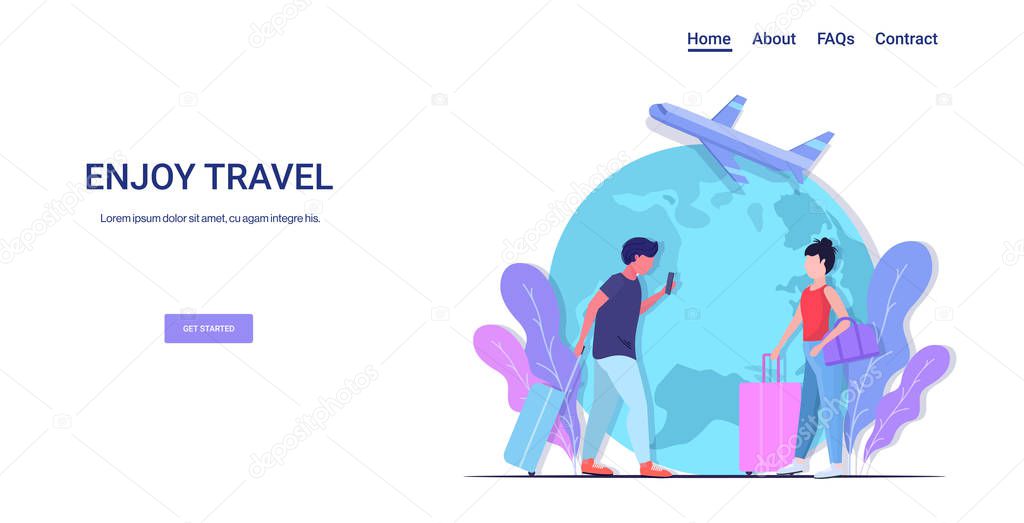 people with luggage having holiday trip enjoy travel concept man woman travelers couple airplane passengers world map background horizontal copy space full length