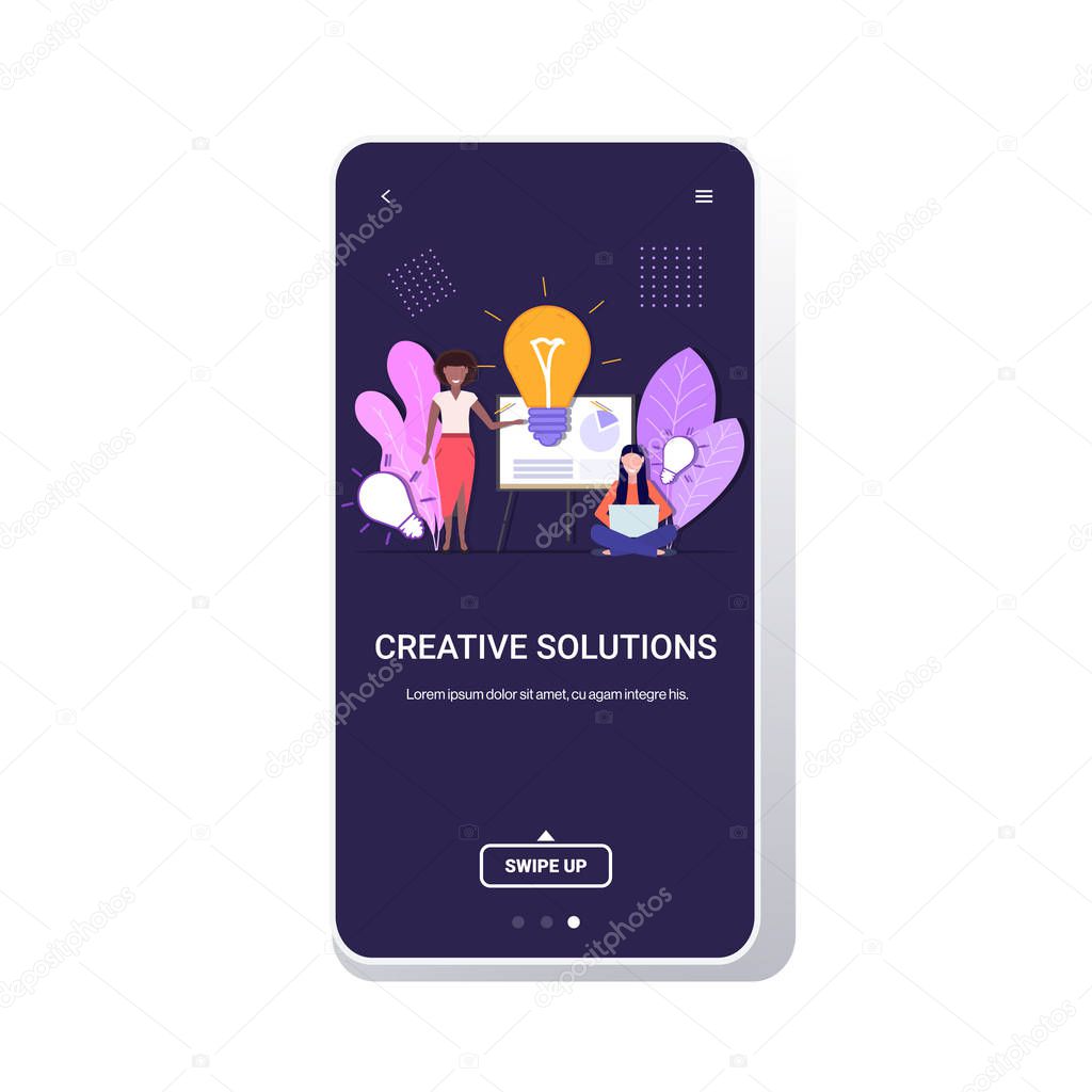 businesspeople presenting new business project on flip chart successful teamwork creative solutions big idea concept mix race women coworkers with light lamp smartphone screen copy space full length