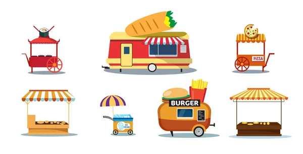 Set creatieve food trailers straat fast food outdoor fair concept ijs burrito pizza sushi hamburger winkels collectie horizontaal — Stockvector