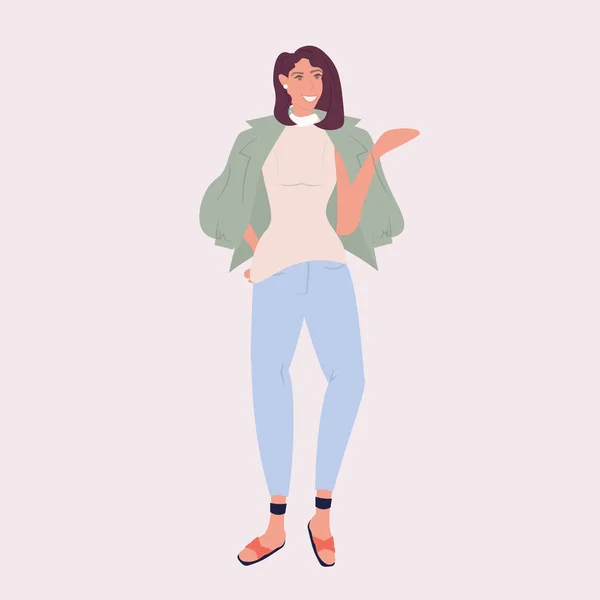 Vrouw mode blogger staande pose glimlachen stijlvol meisje poseren vrouwelijke cartoon karakter volledige lengte — Stockvector