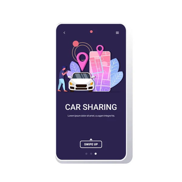Man using mobile app online rendelés taxi autó megosztás szállítási koncepció okostelefon képernyő útvonal és pontok a várostérképen teljes hossz — Stock Vector