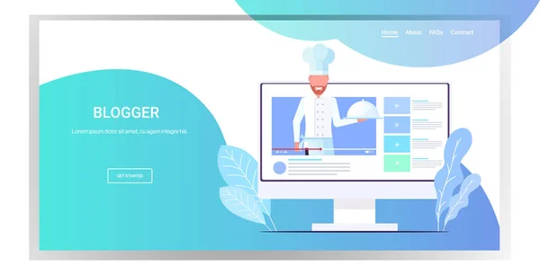 Blogger chef in uniform holding dish food blog cooking blogging concept man explain how to cook a dish portrait monitor screen online player horizontal — Vector de stock
