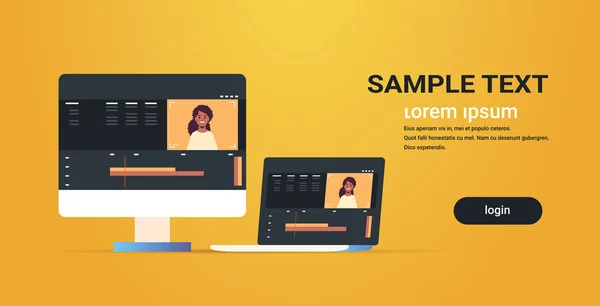 Edytor wideo laptop monitor komputerowy z interfejsem aplikacji lub oprogramowania do edycji blogów projektowanie ruchu studio koncepcja poziomej przestrzeni kopiowania — Wektor stockowy