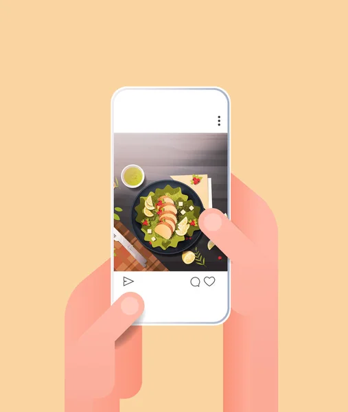 Menselijke handen met behulp van online mobiele app verse salade bereid gerecht voor blog op smartphone scherm voedsel bloggen social media netwerk concept food hunter beoordeling verticaal — Stockvector