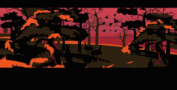 Ему силуети, що втікають від лісових пожеж диких птахів, що літають над лісовими вогнищами, спалюючи дерева, створюють інтенсивні оранжеві полум "я горизонтально. — стоковий вектор