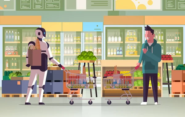 Robot e carrelli spingenti umani pieni di generi alimentari personaggio robotico vs uomo in piedi insieme nel negozio di alimentari intelligenza artificiale tecnologia concetto di shopping piatto a tutta lunghezza orizzontale — Vettoriale Stock