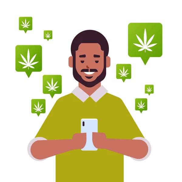 アフリカ系アメリカ人大麻大麻大麻を注文するスマートフォンアプリを使ってオンラインで麻薬を購入コンセプトチャットバブルソーシャルネットワーク通信の肖像画 — ストックベクタ