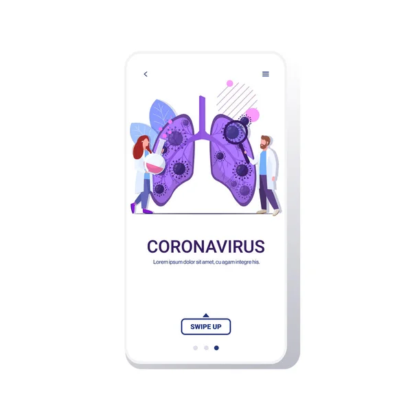 Epidemic MERS-CoV bacteria floating influenza virus cells doctors analyzing human injured lungs wuhan coronavirus 2019-nCoV pandemic medical health risk smartphone screen mobile app copy space — 스톡 벡터