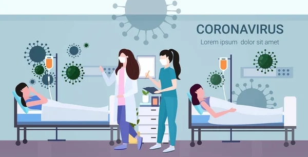 Coronavírus infecta controle diagnóstico conceito de tratamento médicos em máscaras examinando pacientes doentes em leitos epidemia MERS-CoV flutuante influenza wuhan 2019-nCoV comprimento total horizontal — Vetor de Stock