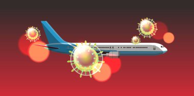 Gökyüzünde uçan yolcu uçağı Coronavirus hücresi 2019-ncov grip salgını Çin patojen solunum ncov salgını wuhan virüsü tıbbi sağlık risk kavramı yatay