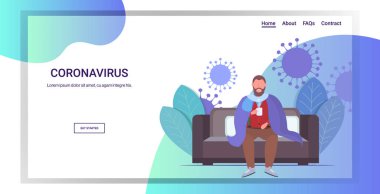 Mers-Cov salgını salgını yaşayan bir adam grip virüsü hücreleri wuhan coronavirüs karantinası 2019 ncov oturma odası iç mekan tam boy yatay kopya alanı