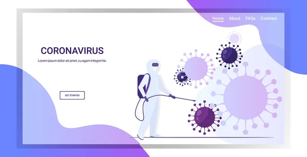 Scientifique en combinaison de danger nettoyage et désinfection des cellules du coronavirus épidémie concept de virus MERS-CoV wuhan 2019-nCoV pandémie risque pour la santé pleine longueur espace de copie horizontale — Image vectorielle