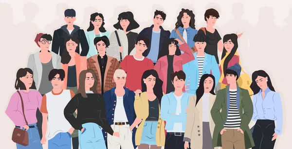 Mensen groep staan samen aantrekkelijke mannen vrouwen menigte mannelijke vrouwelijke stripfiguren in mode kleding plat horizontaal — Stockvector