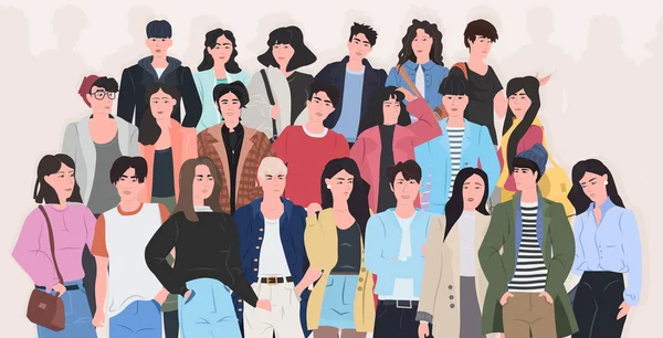 Personas grupo de pie juntos hombres atractivos mujeres multitud hombres personajes de dibujos animados femeninos en ropa de moda plana horizontal — Vector de stock