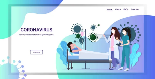Coronavirus infect control diagnosis concept doctor with nurse in masks examining illness patient lying in bed epidemic MERS-CoV floating influenza wuhan 2019-nCoV full length copy space horizontal — Stock Vector