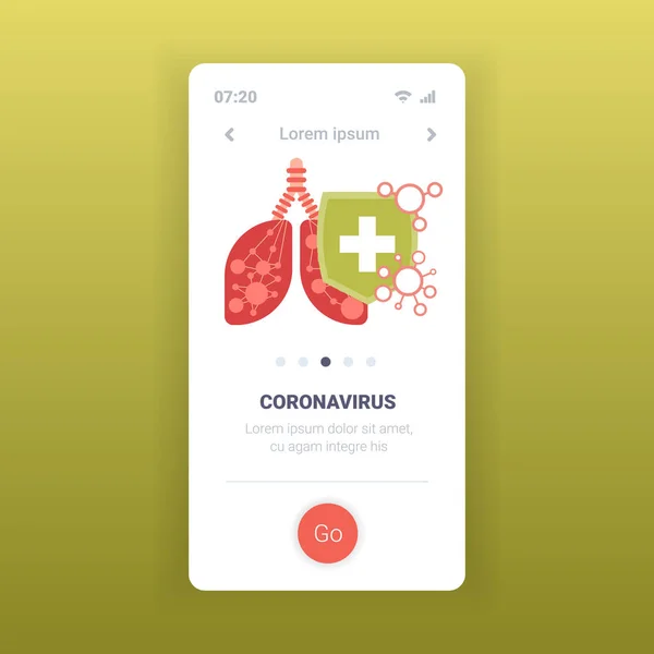 Epidemie Mers-Cov drijvende influenza menselijke longen met beschermende schild virus bescherming concept wuhan coronavirus 2019-ncov pandemische medische risico 's mobiele app kopieerruimte — Stockvector