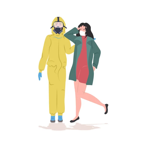 Man in hazmat suit woman wearing mask to prevent epidemic MERS-CoV wuhan coronavirus 2019-nCoV pandemic medical health risk full length — 스톡 벡터