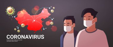 Korumacı maskeler takan adamlar salgın hastalıklı Mers-Cov virüsü kavramını önlemek için wuhan coronavirus 2019-ncov pandemik sağlık riski Çin haritası arka plan portresi