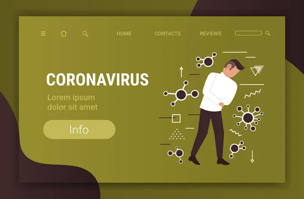 病気の流行を感じる男性-インフルエンザウイルス細胞を浮遊Cov細菌wuhan coronavirus 2019-convパンデミック医療健康リスク全長水平コピースペース — ストックベクタ