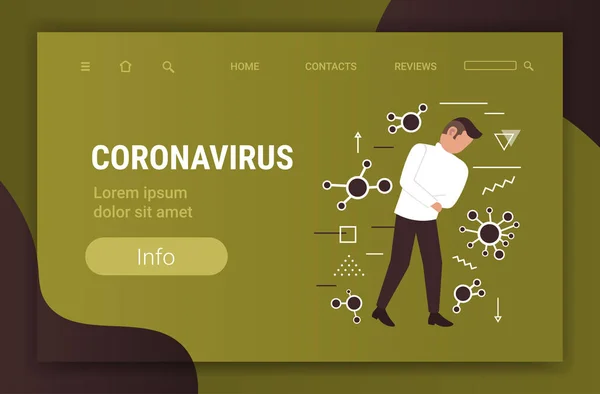 Muž pocit nemoci epidemie Mers-Cov bakterie plovoucí chřipka virus buňky wuhan coronavirus 2019-ncov pandemie zdravotní riziko plná délka horizontální kopírovací prostor — Stockový vektor