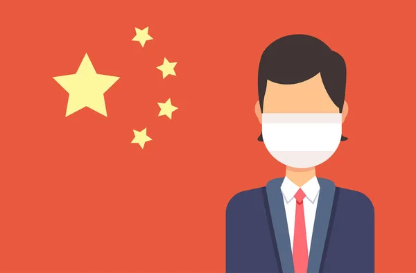 Koruyucu maske takan bir işadamı olan Mers-Cov virüsü wuhan coronavirus 2019-ncov salgını tıbbi risk konsepti Çin bayrağı arka plan portresi — Stok Vektör