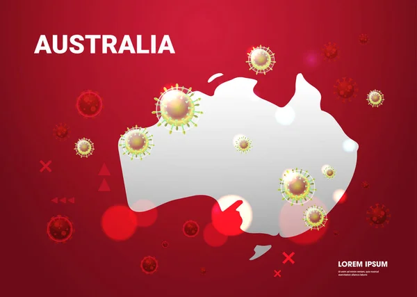 Epidemie Mers-Cov griep verspreiding van wereld drijvende influenzaviruscellen wuhan coronavirus 2019-ncov pandemie medisch gezondheidsrisico Australië kaart achtergrond horizontale kopieerruimte — Stockvector