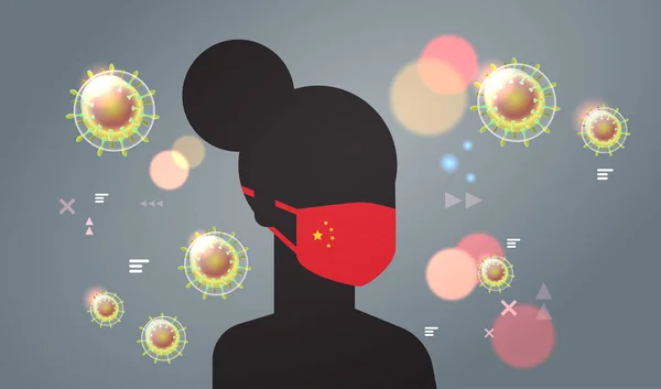 戴着带有中国国旗的防护面罩的女性侧影，以防止流行病Mers-Cov病毒概念wuhan coronavirus 2019-ncov大流行病医学健康风险肖像水平 — 图库矢量图片
