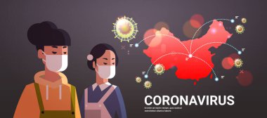 women wearing protective masks to prevent epidemic MERS-CoV virus concept wuhan coronavirus 2019-nCoV pandemic medical health risk chinese map background portrait horizontal clipart