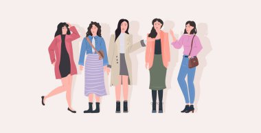 Güzel kadınlar bir arada duruyor. Çekici kız çizgi film karakterleri, günlük giysiler, düz yatay uzunlukta.