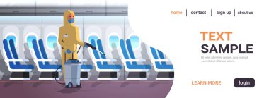 specialist in hazmat suit cleaning and disinfecting airplane for epidemic MERS-CoV virus wuhan coronavirus 2019-nCoV pandemic medical health risk concept plane interior horizontal copy space
