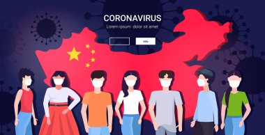 Koruyucu maskeler takan insanlar Mers-Cov Coronavirüs gribi salgını, yüzen grip konseptini yayıyor wuhan 2019-ncov pandemik sağlık riski Çin haritası arka plan portresi