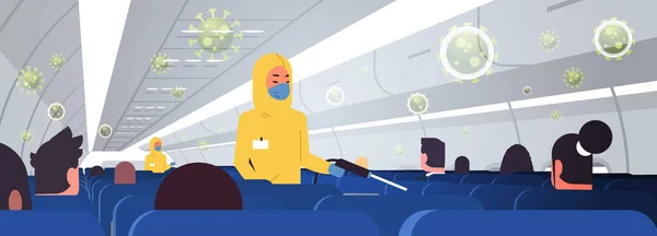 Tehlikeli madde giysileri uzmanları uçağı Mers-Cov salgını için yolcularla temizleyip dezenfekte ediyorlar wuhan coronavirüs 2019 ncov salgın hastalık salgını sağlık riski konsepti uçak iç yatay — Stok Vektör