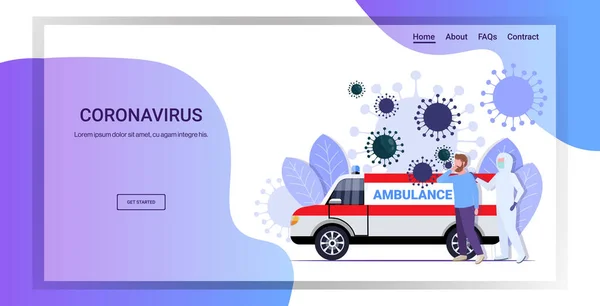 Man in hazmat suit moving infected patient into ambulance car coronavirus cells epidemic MERS-CoV virus concept wuhan 2019-nCoV pandemic health risk full length copy space horizontal — 스톡 벡터