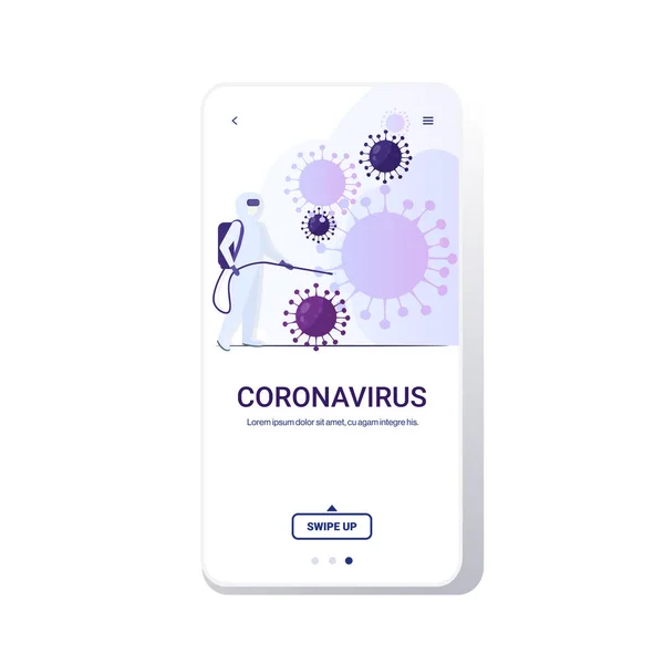 Науковець у костюмі небезпеки очищення та дезінфекція епідемії коронавірусних клітин концепція вірусу MERS-CoV пандемії ризику для здоров'я 2019-nCoV повна довжина nobile app copy space — стоковий вектор