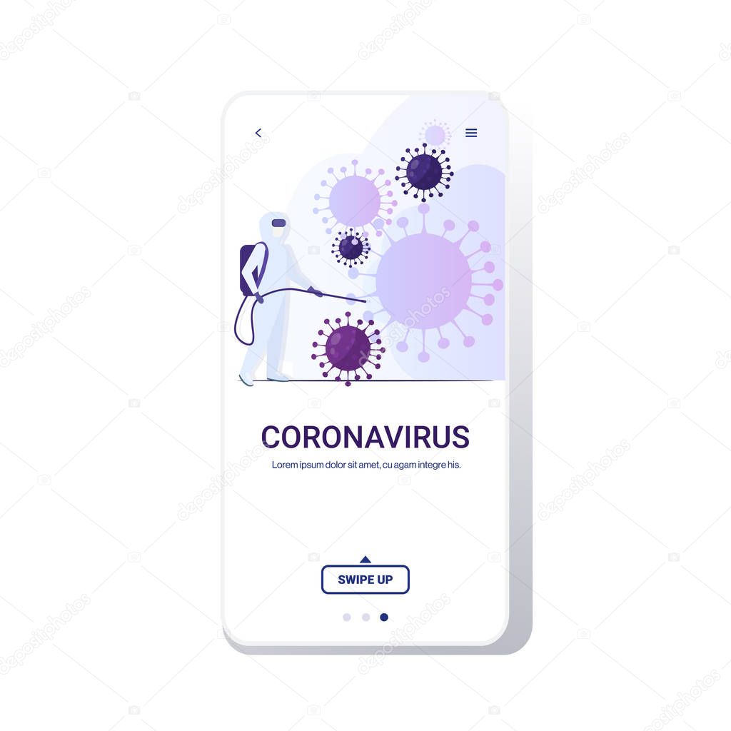 scientist in hazmat suit cleaning and disinfecting coronavirus cells epidemic MERS-CoV virus concept wuhan 2019-nCoV pandemic health risk full length nobile app copy space