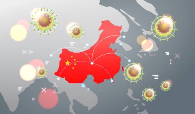 epidemic MERS-CoV flu spreading of world floating influenza virus cells wuhan coronavirus 2019-nCoV pandemic medical health risk chinese map background horizontal